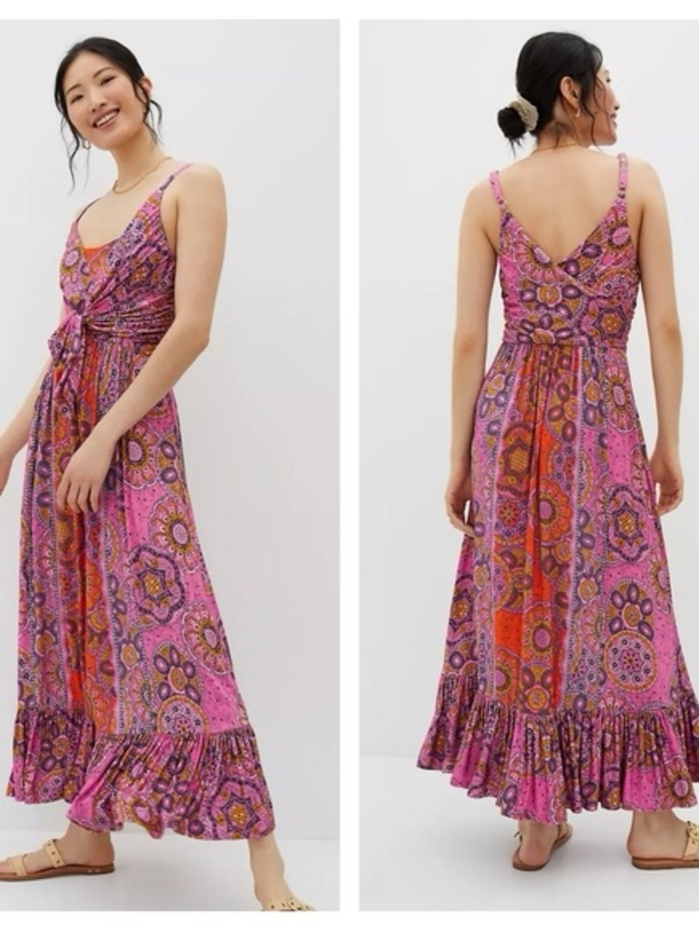 Maeve Pink & Orange Printed Tie-Front Maxi Dress